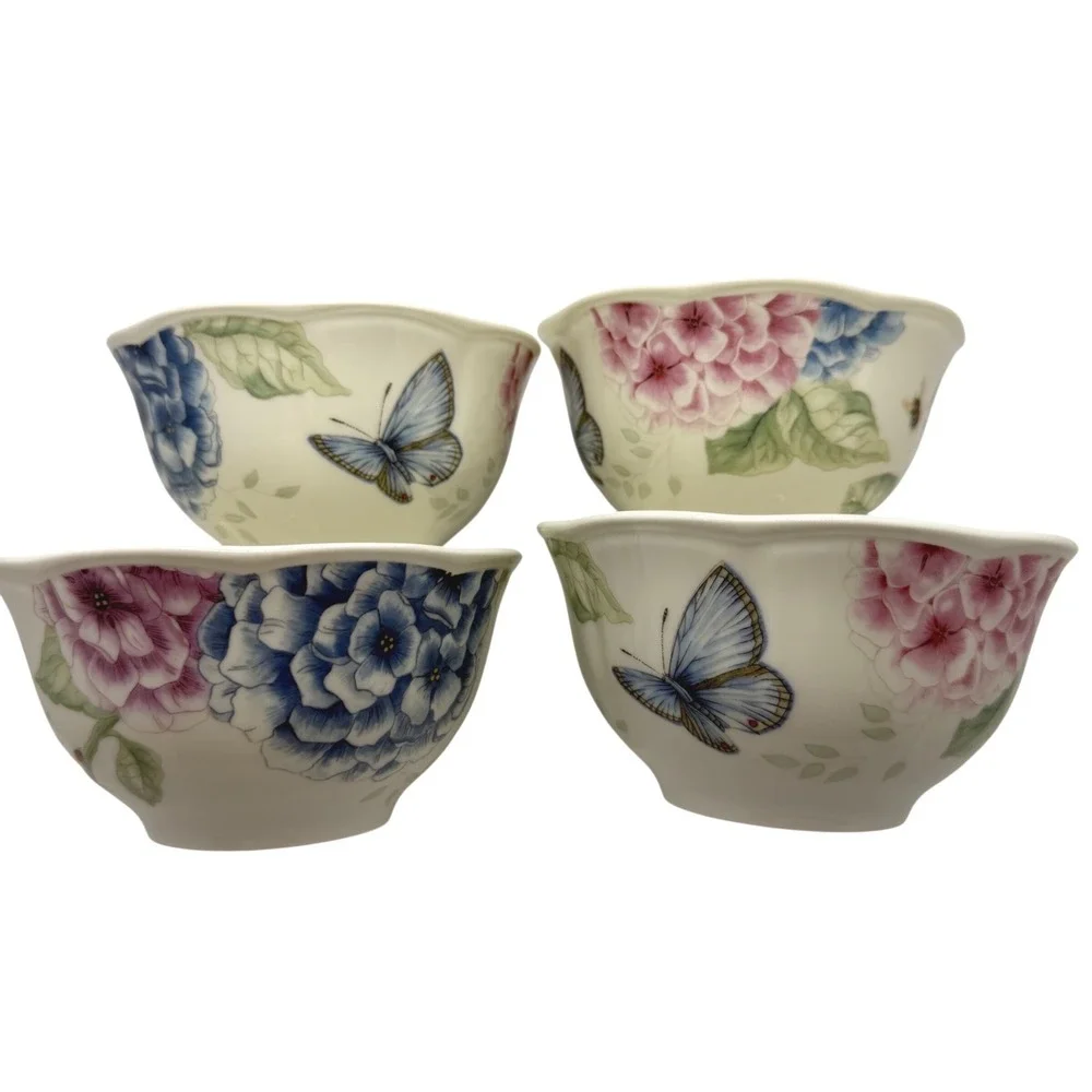 Set of 4 Lenox Butterfly Meadow‎ Hydrangea Bowls Porcelain Floral Butterfly 5.5